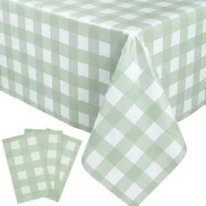 3 Pack Sage Green Gingham Tablecloth 54 x 108 Inches, Rectangle Disposable Checkered Table Cover for Outdoor Camping Picnic Birthday Decorations