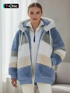 Women's Colorblock Drop Shoulder Hooded Polar Fleece Coat, Fashion Casual Long Sleeve Zip Up Warm Trendy Outerwear For Daily Outdoor Wear, Women's Clothing, Jackets