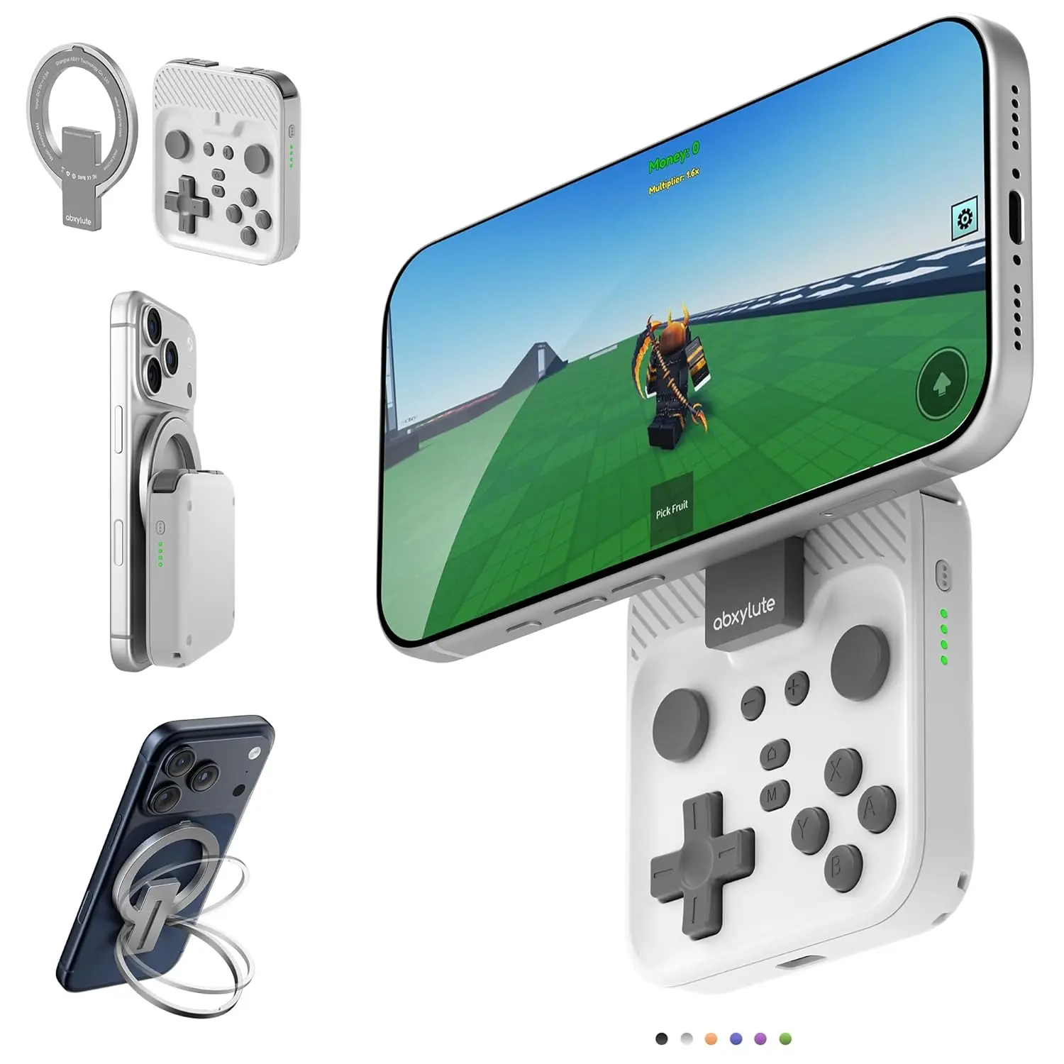 abxylute M4 Snap-On Mobile Video Game Controller for Android, iPhone, Switch 1&2, Pocket-Size Bluetooth Mini Gamepad with Stand, Dual Joysticks, Turbo Mode, Magnetic Retro Gaming Console (White)