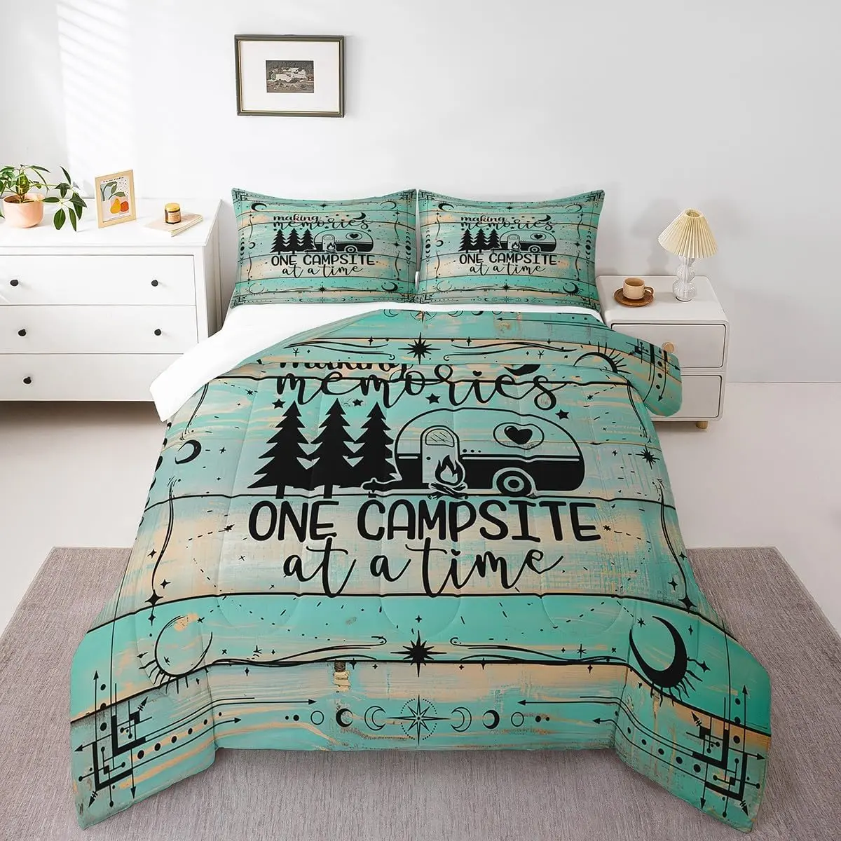 Feelyou RV Camper Bedding Sets - Happy Camping Theme, Rustic Country Farmhouse Soft Warm Bedding, Vintage Wooden Barn Doors Design, Lightweight, Breathable, Multi-Size, Kid-Friendly