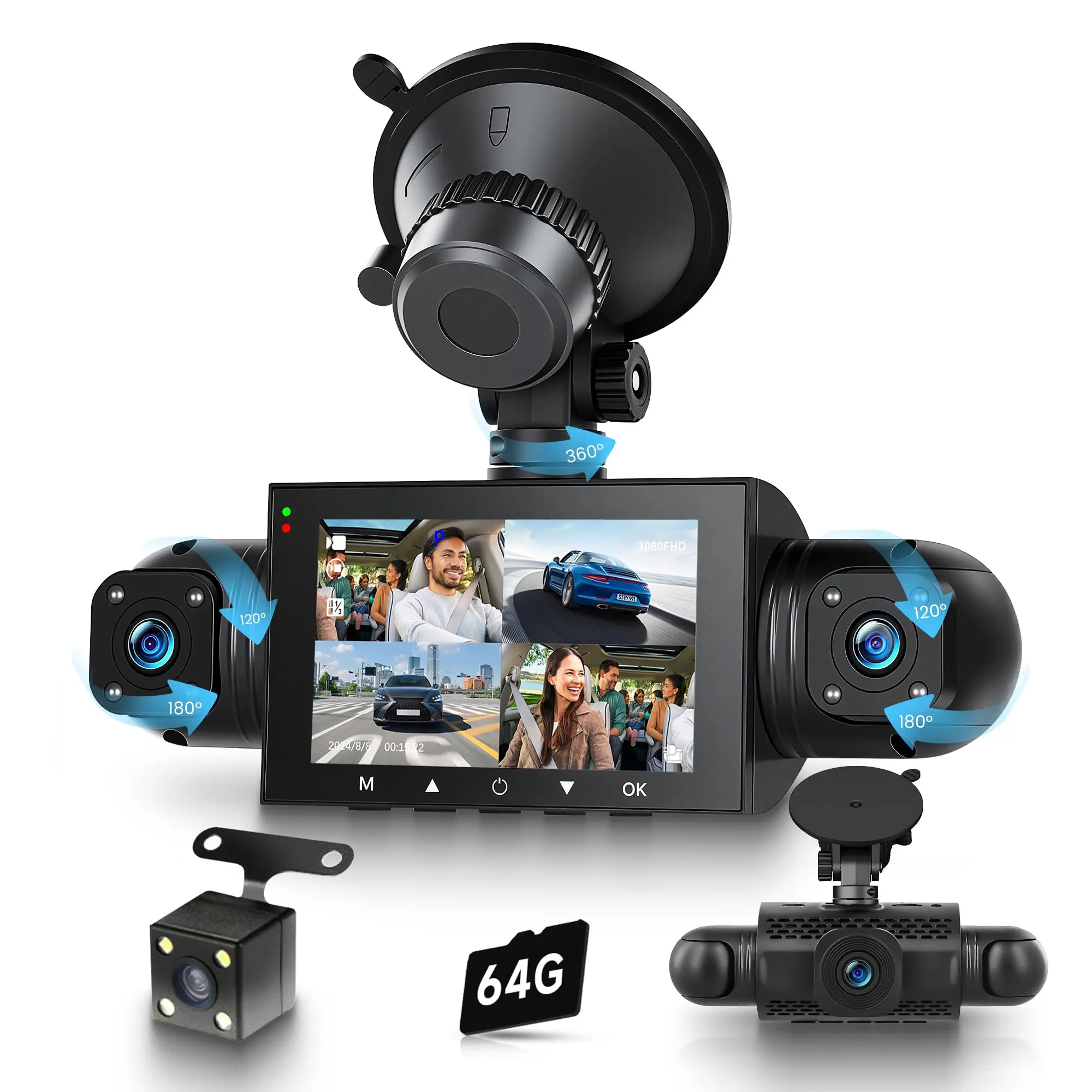 4-Channel Dash Cam, 1080P Car DVR with 3" IPS Screen, 4 Lenses (Front, Left, Right, Rear), G-Sensor, Loop Recording, Motion Detection, 64GB TF Card, Dashcam