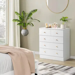 [] Modern Simple 5-Drawers Dresser White with Handles of Golden Color