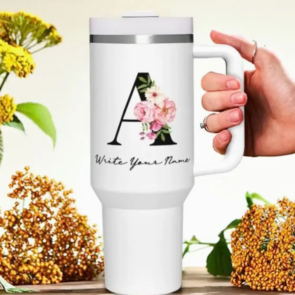 Personalized 40oz Tumbler with Handle - Floral Monogram Design, Ideal for Drinking and Display - Bottle, Drinkware Stylish Flasks tumblers