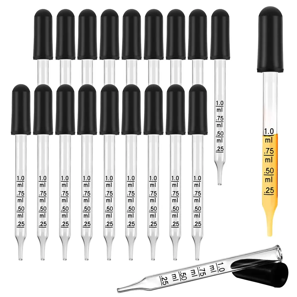 20-Piece Precision Glass Pipette Droppers with Black Rubber Heads, 1ml Capacity for Essential Oils, Mixing Paints, Lab Use