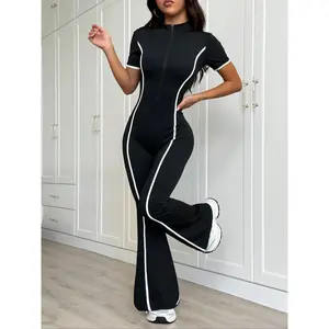 Women's Colorblock Zipper Fall Winter Fleece Lined Knit Yoga Jumpsuit, Workout Jumpsuits, Long Sleeve Slim Fit Casual Fashion Clothes