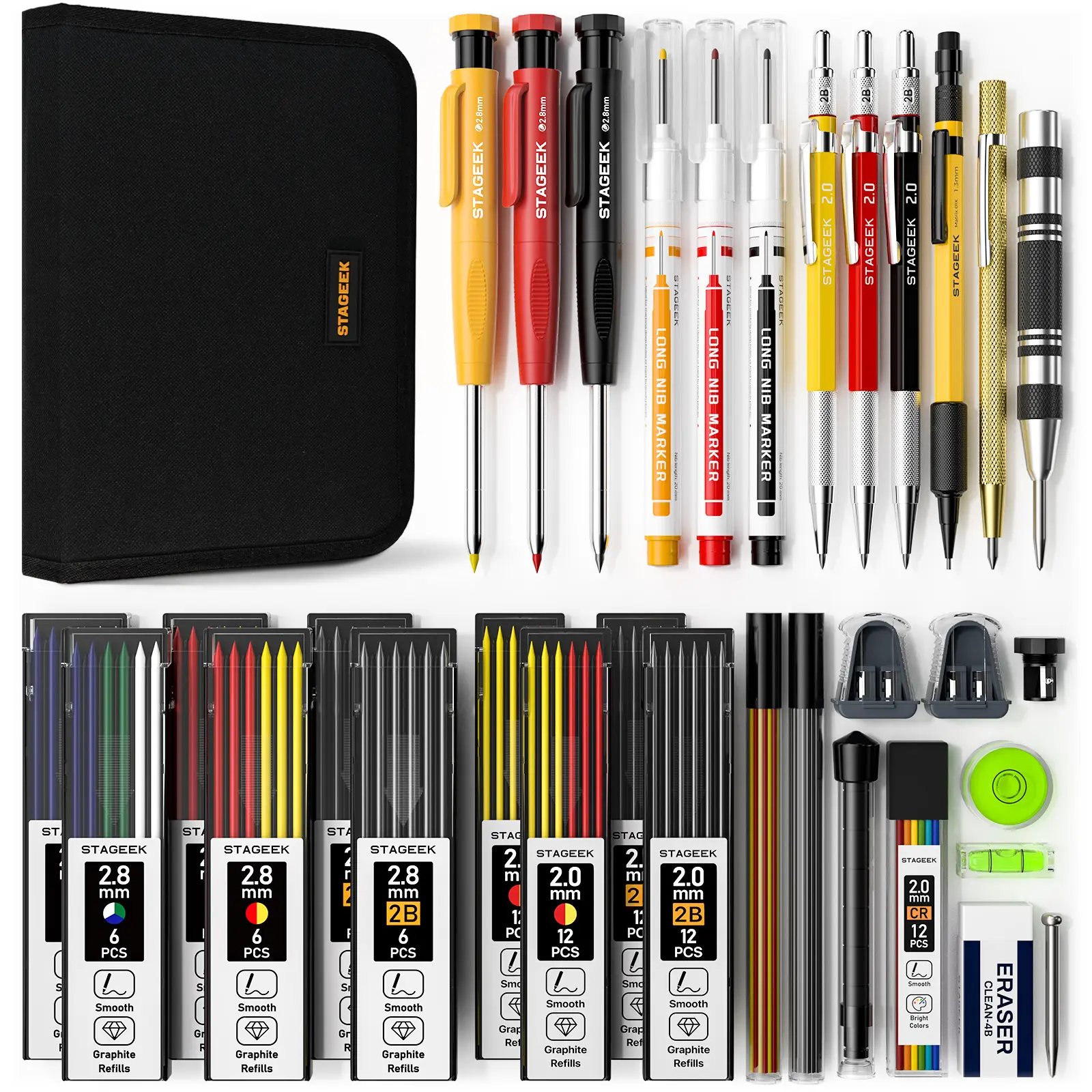 STAGEEK 34 Pack Carpenter Pencil Set with Sharpener, Mechanical Carpenter Pencils with Deep Hole Long-Nib Marker Pens, Carbide Scribe Tool & Construct