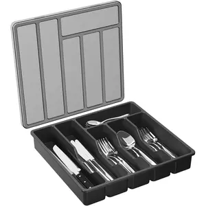 Lifewit Silverware Organizer with Lid, Covered Utensil Tray for Kitchen Drawer and Countertop, Plastic Cutlery and Flatware Storage Box for Spoons Forks Knives Holder Case, 6 Compartments, Black