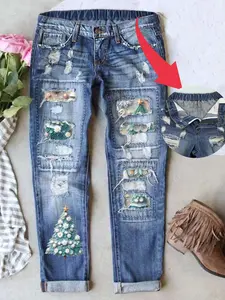 Women's Distressed Boyfriend Jeans, Vintage Wash Christmas Patch Print Denim Jeans, Casual Fitted Natural Waist Button Fly