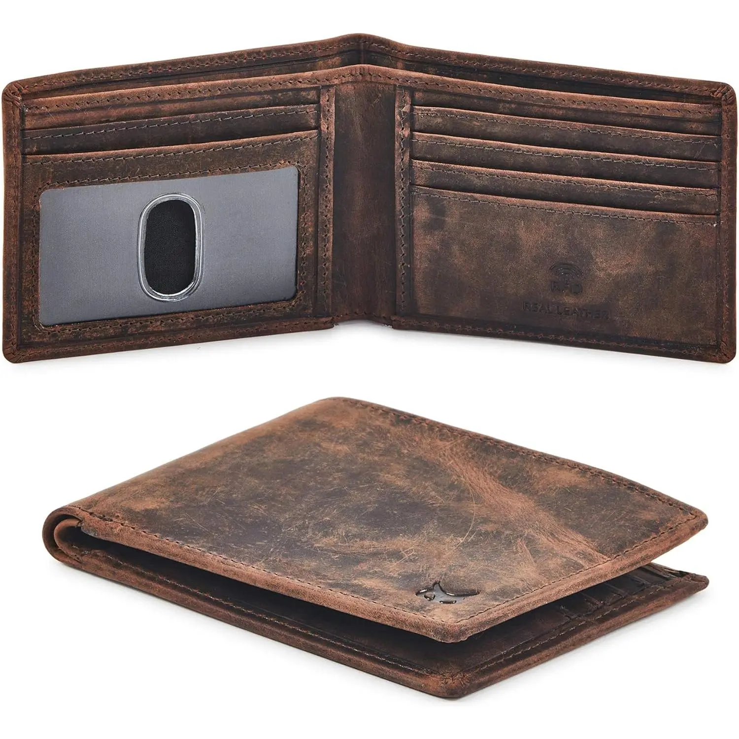 Real Leather Mens Bifold Wallet RFID Blocking Slim Minimalist Front Pocket - Thin & Stylish with ID Window in  Box (Crazy Horse, Cognac).