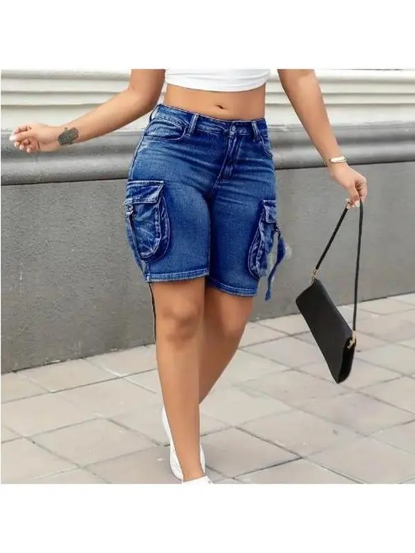 Lady's Solid Denim Bottom Shorts - High-Waisted High Stretch Woven Bermuda with Functional Side Pockets, Casual Fashion Shorts, Cotton Blend, No, Bermuda Length, 31% Polyester, Fabric, Machine Washable
