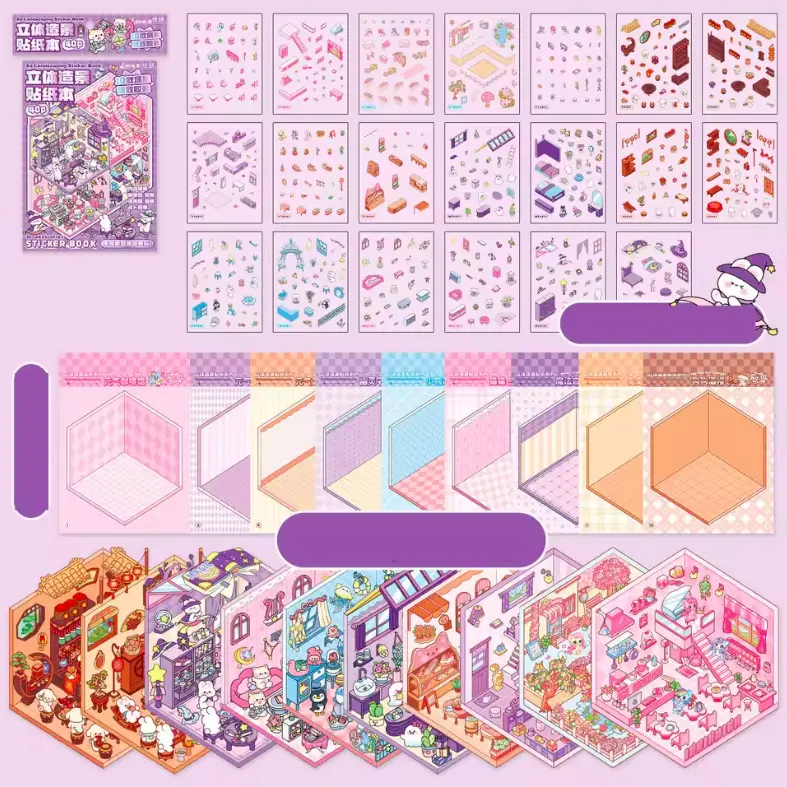 1 PC Purple Miniature Scene Sticker Book 3D Landscape DIY Scrapbook Kids 30pcs