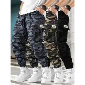 3-piece set of men's camouflage work pants with elastic drawstring waist, multiple pockets, ankle cuffs, loose military style casual sports pants, outdoor daily street wear pants, sports and leisure clothing, breathable and lightweight running pants
