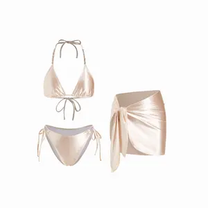 Cider Metallic V-neck Rhinestone Triangle Bikini Set With Sarong