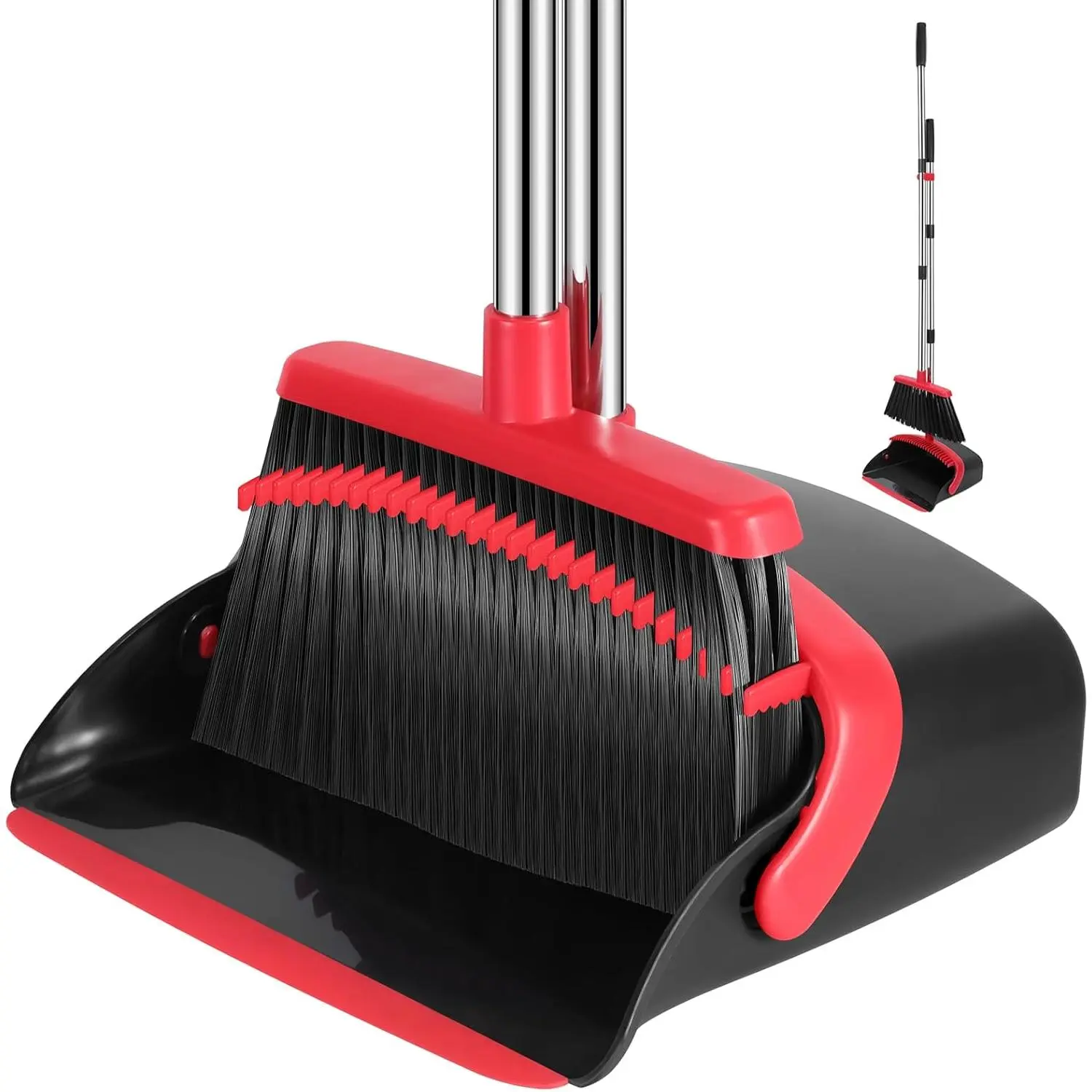 Broom and Dustpan Set, #Summervibes  52-in Long Adjustable Handle Broom Dustpan Combo with Dustpan Teeth to Automatically Clean Hair Suitable for Home Kitchen Office Hall Floor(Black&Red)