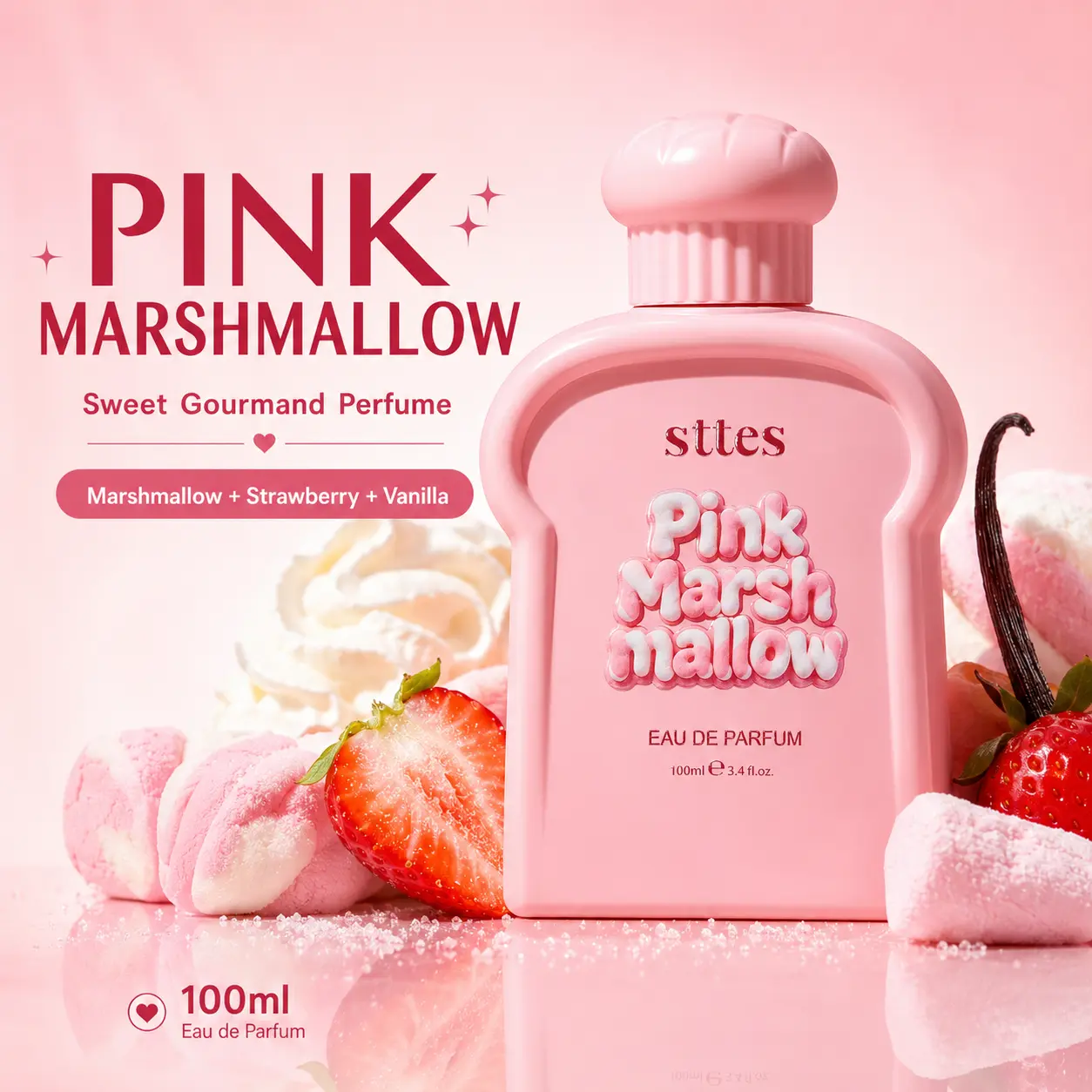 New Sttes Marshmallow Perfume for Women, Sweet Gourmand Perfume with Marshmallow, Strawberry, Vanilla & Musk, Long Lasting Fragrance Spray, 100ml/3.4 fl oz