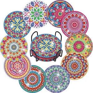 10pcs Mandala Diamond Art Clay Coaster Set, Includes Holder & Coffee Tray, Diamond Painting Tableware Kit, Arts and Crafts for Adults