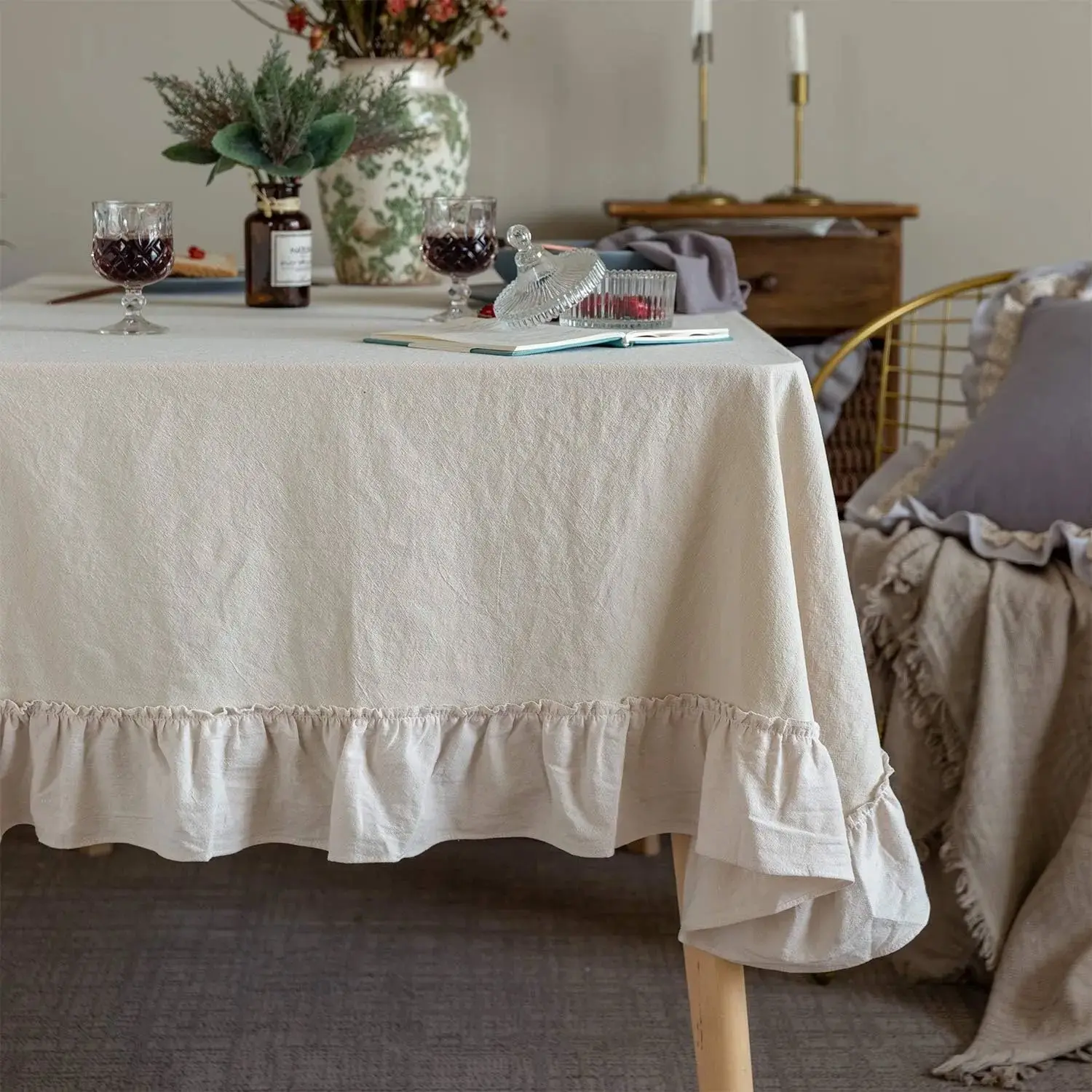 Retro Farmhouse Ruffle Tablecloth Cotton Flounces Trim Washable Table Cover Tablecloths for Rectangle Table  Shower Party Wedding Decor Off-White, 60''x120''