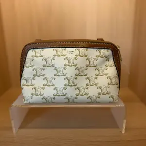Pre-owned Celine Triomphe Pouch, White Monogram Canvas with Brown Leather Trim, Zipper Closure