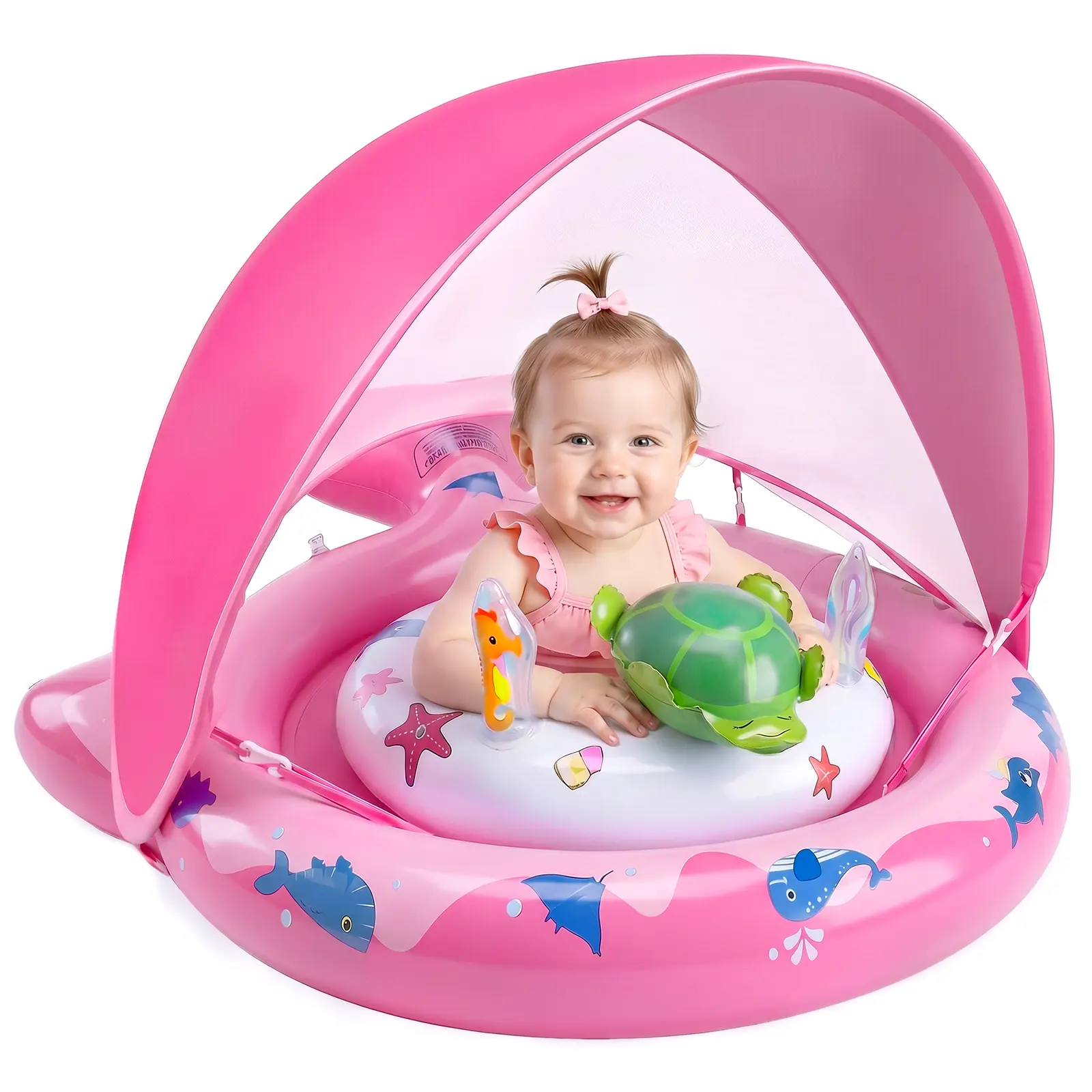 Inflatable Baby Pool Float Set, Outdoor Toddler Playset with UPF50+ Sun Canopy, Cushioned Baby-Safe Materials Seat, Breathable Collapsible Design, Built-In Play Tray, Air Pump & Toys, Portable Storage for 6-36 Months Kids (Pink)
