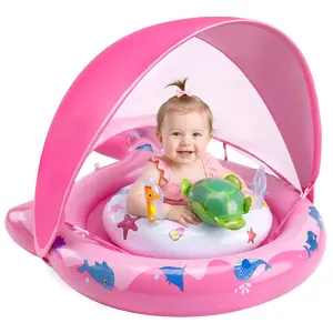 Inflatable Baby Pool Float with Sun Canopy, UPF50+ Sun Protection, Cushioned Safety Seat, Portable & Easy to Store, Includes Air Pump & Toys, Baby Swimming Float for 6–36 months Boys & Girls (Pink)
