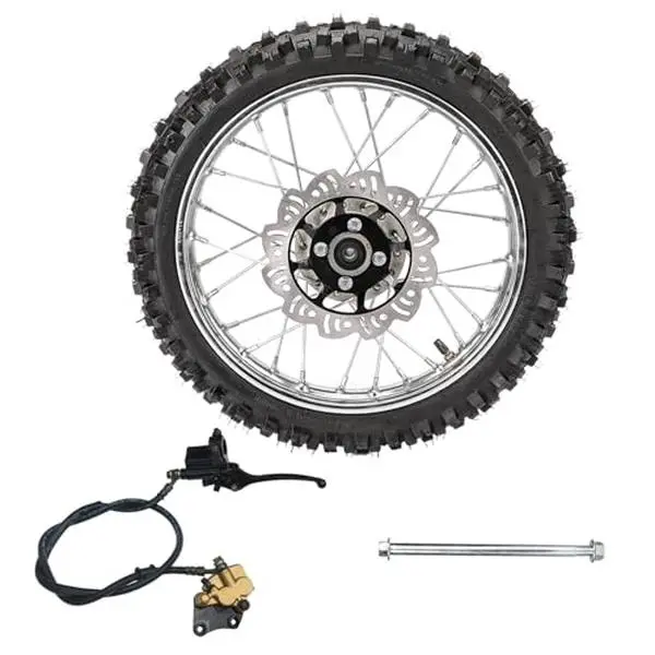 60/100-14 Tire and Rim 14 Inch Dirt Pit Bike Front Wheel with Tire + 12mm Bearing Axle + Brake Caliper for Scooter Offroad Motorcycle Pit Pro Trail Bike SSR CRF50 CRF70 SSR Apollo 110cc 125cc 140cc