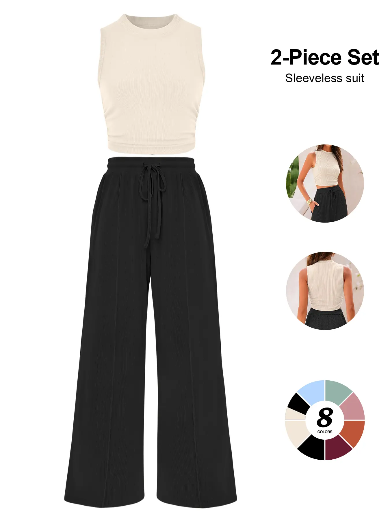 Women’s casual two-piece sleeveless suit | Comfortable high-waisted wide-leg pants set | Trendy ribbed knit lounge crop top and matching trousers outfit