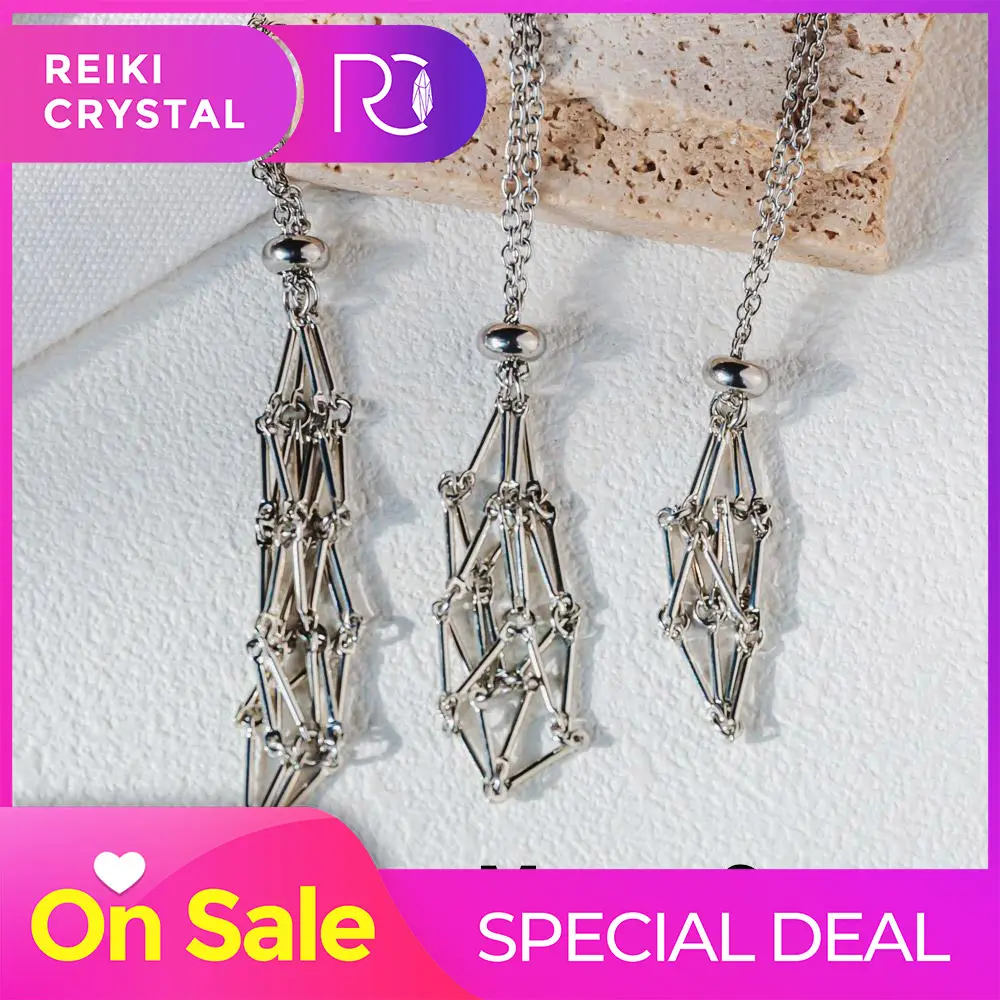 Crystal Holder Necklaces Cage Real Natural Gemstone Necklace Holder Adjustable Gold and Silver Cage Necklace for Women Men,Silver