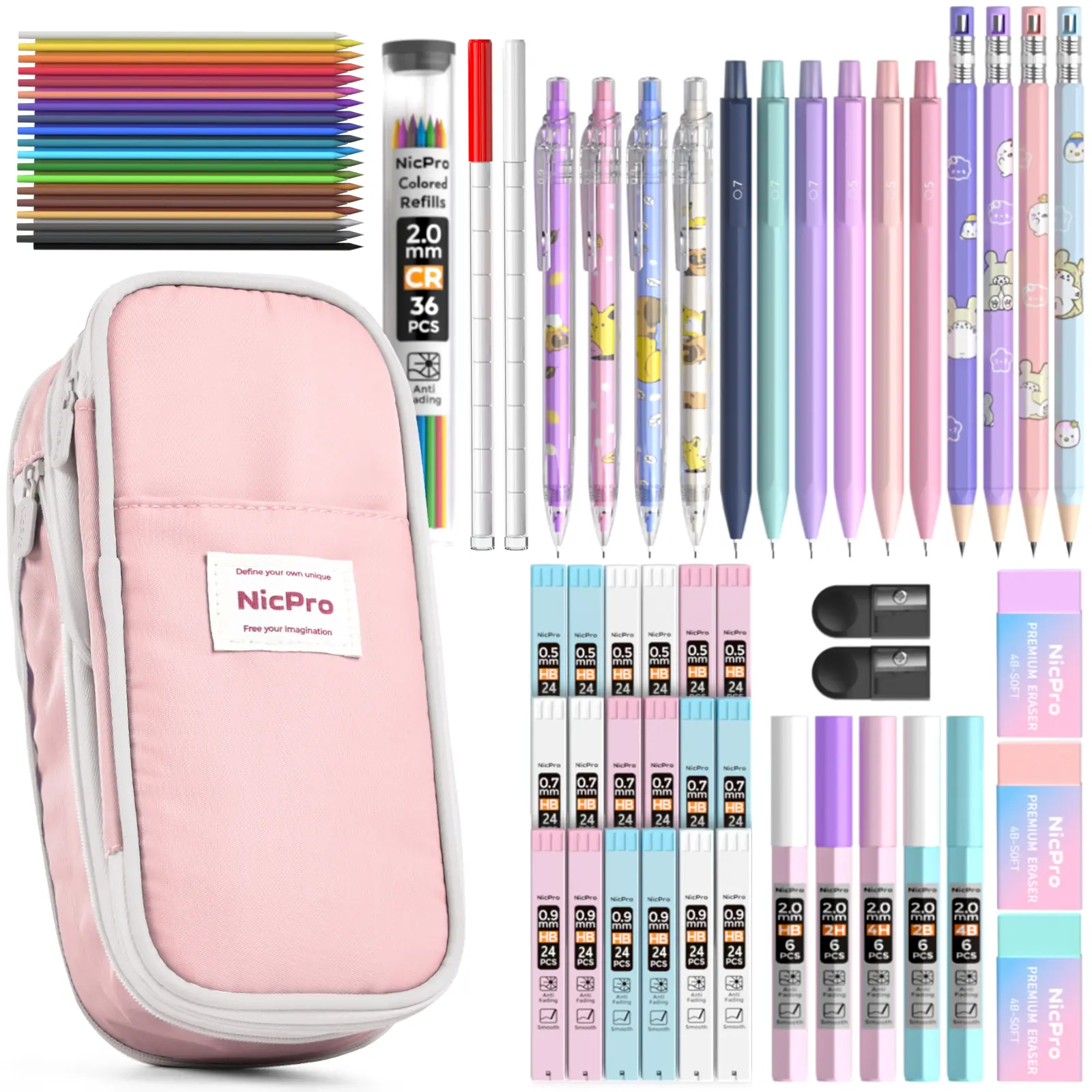 Nicpro 47Pcs Pastel Mechanical Pencil Set With Big Capacity Pencil Case, Cute Mechanical Pencils 0.5, 0.7, 0.9 & 2mm Lead Holder with 4B 2B HB 2H Color Lead Refills Eraser for Student Writing Drawing