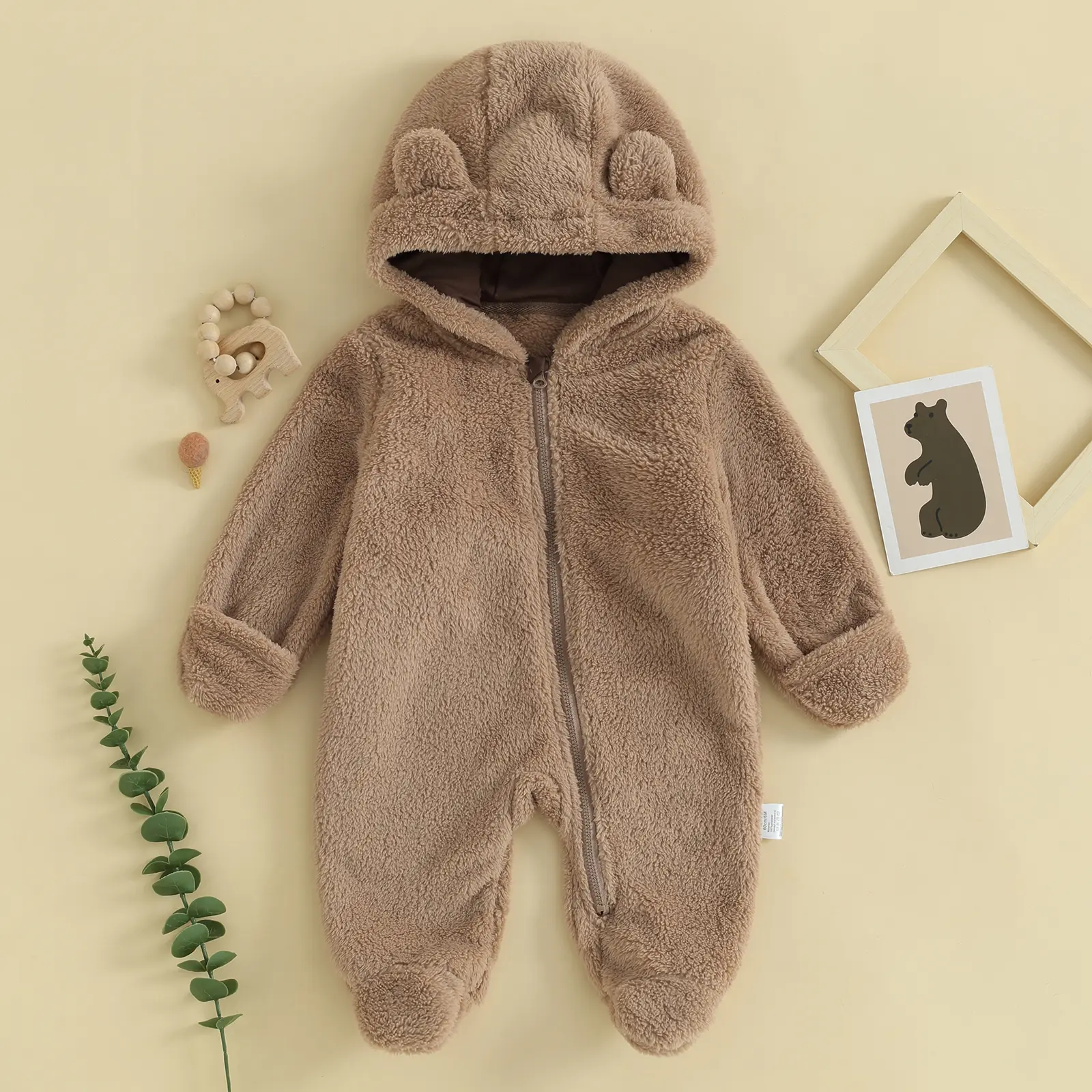 Baby Boys & Girls Winter Fleece Jumpsuit - Cute Bear Design, Hooded, Long Sleeve, Zipper Closure, Warm Coat with Safe Materials-DY