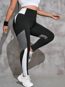 Plus Size Colorblock High Waist Sports Tummy Control Leggings, Tight-fitting High Stretch Seamless Yoga Leggings, Ladies Sportswear for Indoor Outdoor Wear, Gym Clothes