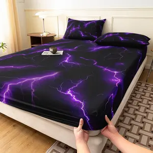 3pcs Purple Lightning Line Fitted Sheet Set (1 Fitted Sheet + 2 Pillowcases, No Pillow), Home Dormitory Hd Printing