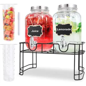 1 Gallon Glass Drink Dispensers For Parties-Set of 2,Drink Dispenser with Fruit Infuser & Stand,Juice or Beverage Dispenser for BBQ, Picnic, Party,Laundry Detergent Dispenser