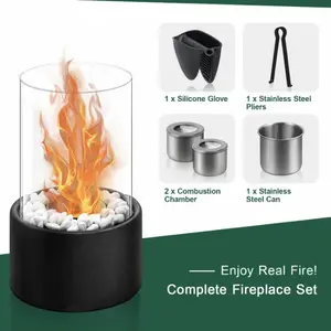 Tabletop Alcohol Fireplace Set, Portable Indoor Outdoor Heating Decorative Patio Fire Pit, Includes Metal Base, Glass, Stone, Extinguisher Lid