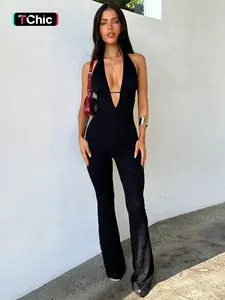 Women's Plain Halter Neck Tie Back Jumpsuit, Casual Sleeveless Backless Jumpsuit for Daily Wear, Ladies Clothes for All Seasons Overalls, Skinny Jumpsuit