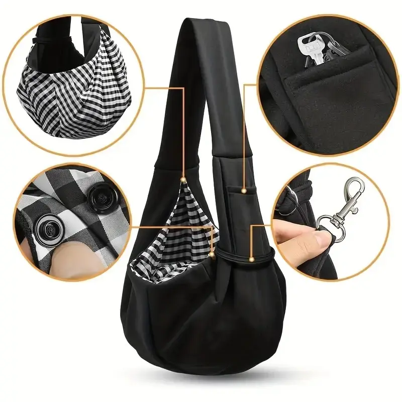 Hands-Free Pet Sling Carrier for Small-Medium Pets (Up to 15 lbs) - Plaid Fabric, Wide Shoulder Straps, Double Security Design, Safety Hook, Breathable, Snap Button Closure, Comfortable Fit, Ideal for Outdoor Travel & Shopping, Cotton-Poly