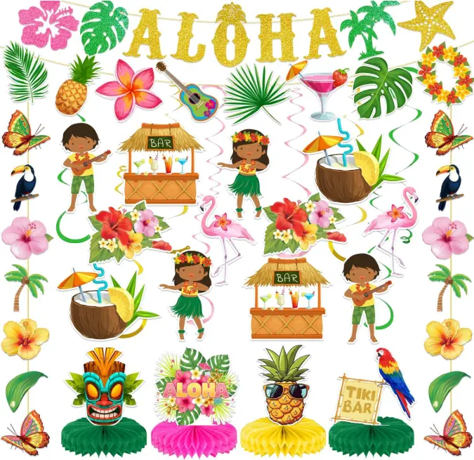 Tropical Luau Party Decorations Kit - Hawaiian Aloha Banner, Hanging Swirls, Honeycomb Centerpiece, Palm & Flamingo Sign, Foil Ceiling Decor for Festive Tropical Theme Party Supplies