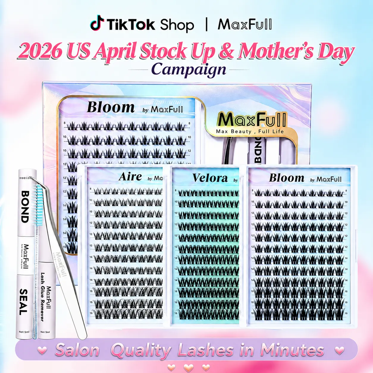MAXFULL DIY Velora Cluster Lash Kit, False Eyelashes & Adhesives Set with Waterproof Bond and Seal, Gentle Featherlight Reusable D-Curl Eyelashes for 3D Volume Daily Wear, Eyelash, Cosmetic