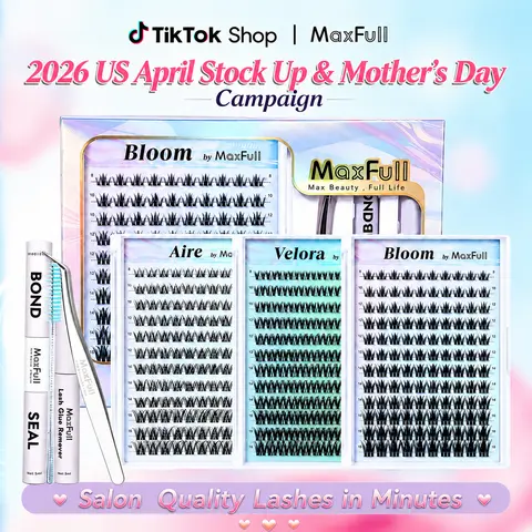 MAXFULL DIY Velora Cross Eyelash Clusters Natural Eyelash Kit - Waterproof Eyelashes Extensions, 0.03mm Fine Band, Gentle Featherlight Reusable D-Curl 3D Volume Realistic False Lashes with White Bond & Seal Glue, Accessories Kit for Adults' Daily Wear