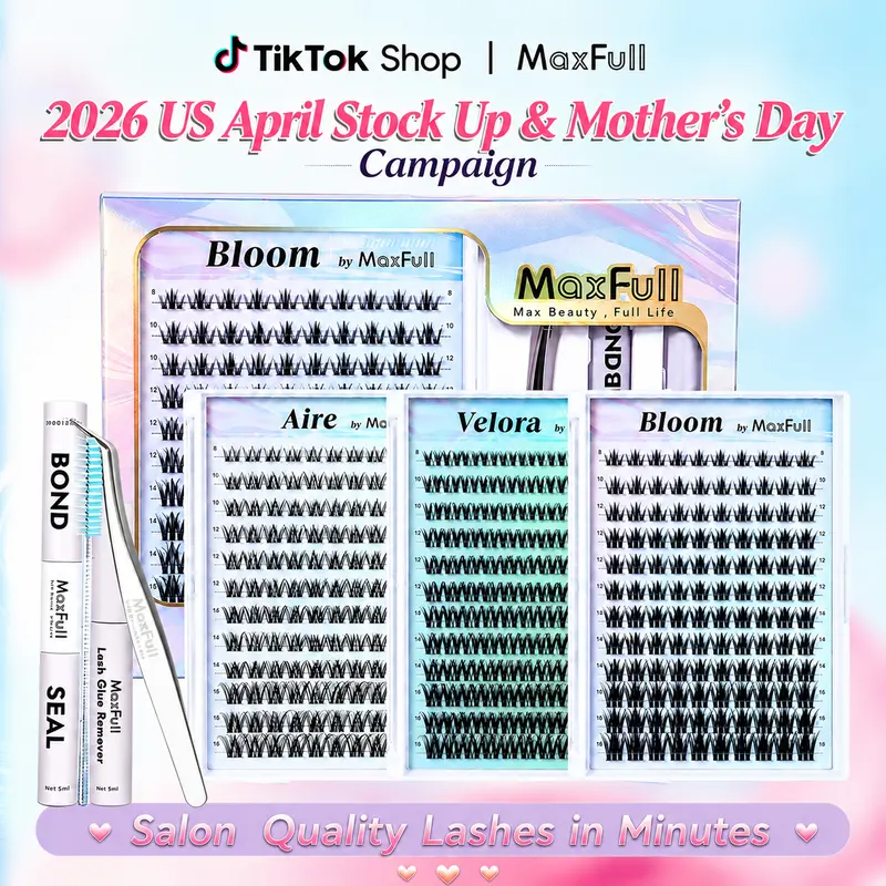 MAXFULL DIY Velora Cross Eyelash Clusters Natural Eyelash Kit - Waterproof Eyelashes Extensions, 0.03mm Fine Band, Gentle Featherlight Reusable D-Curl 3D Volume Realistic False Lashes with White Bond & Seal Glue, Accessories Kit for Adults' Daily Wear