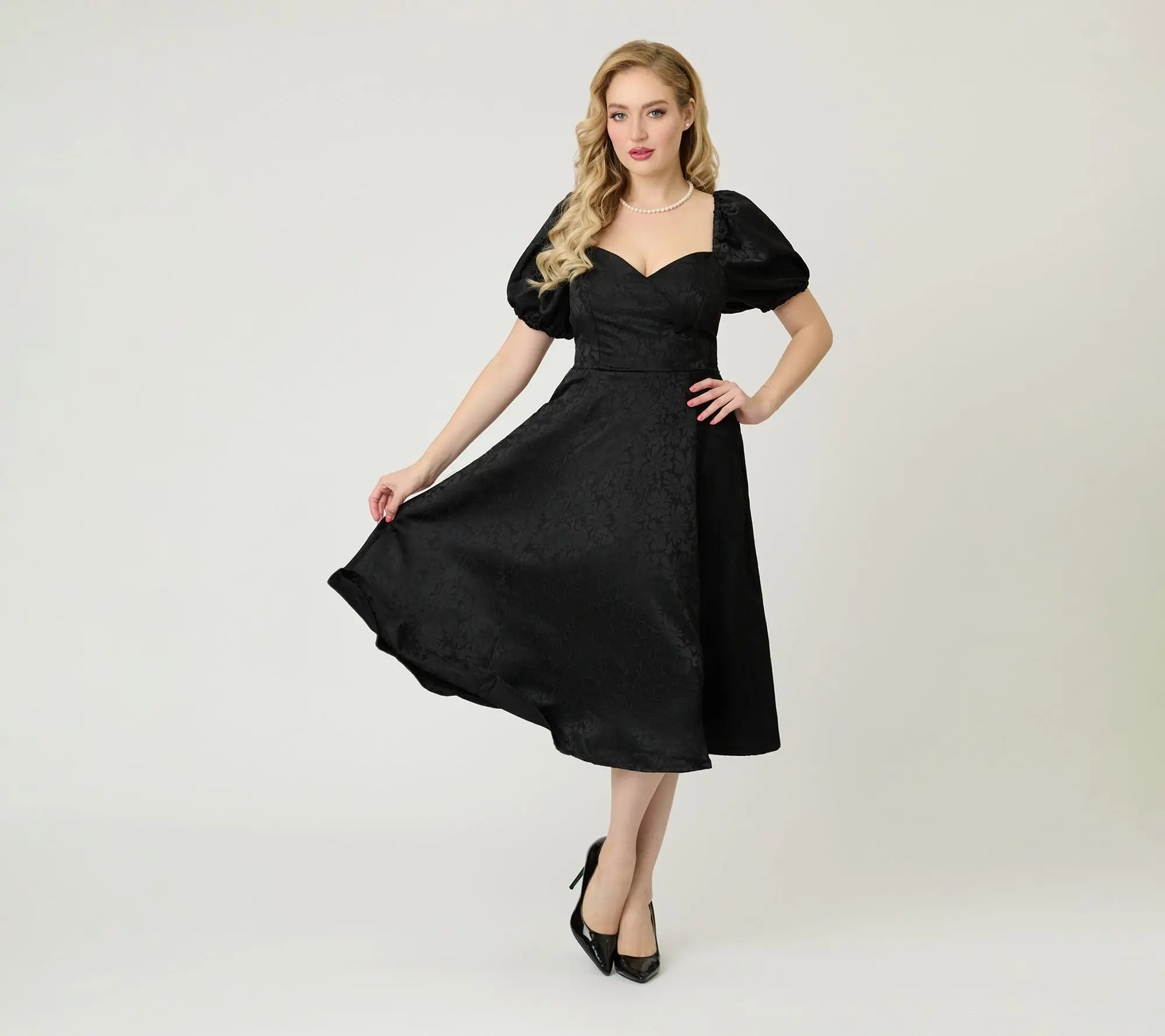 Unique Vintage Black Floral Jacquard Sweetheart Swing Dress
