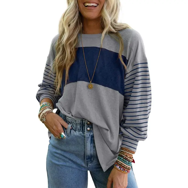 Angerella Long Sleeve Fall Tops Oversized 2026 Trendy Round Crew Neck Casual Color Block Womens Shirts Blouses in Grey & Navy
