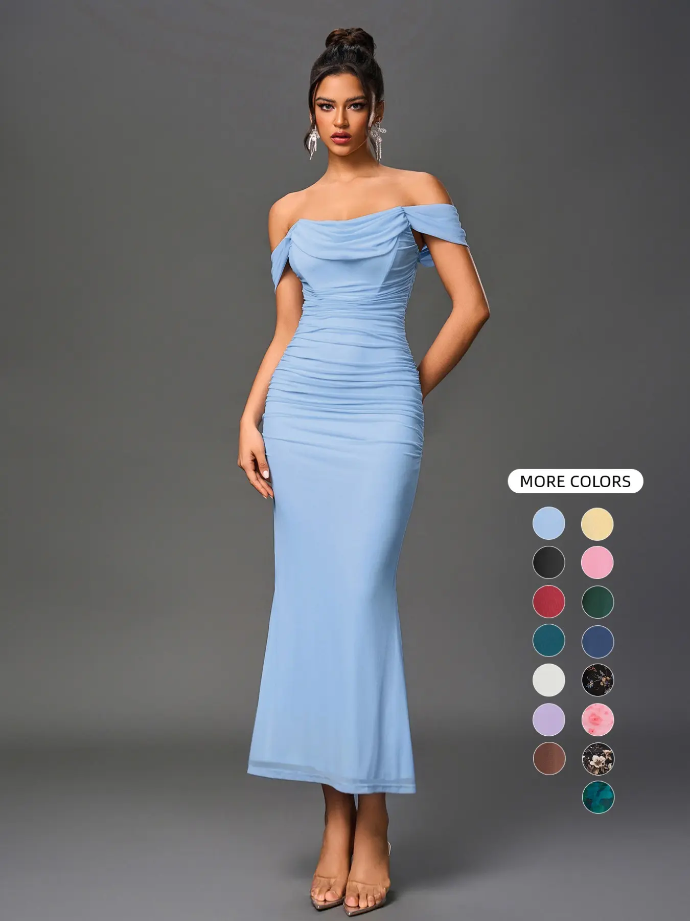 Parthea Backless Off-Shoulder Lightweight Mesh Dress, Elegant Ruched Fish-Tail Hem Gown, Cocktail Party Formal Evening Wear, Elegant Party Apparel, Chic Long Dress for Events Elegance