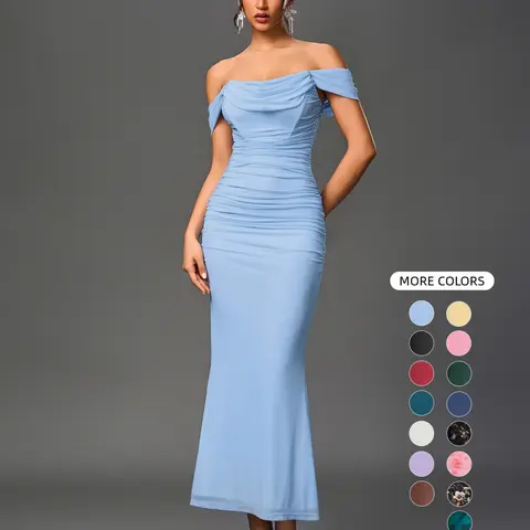 Parthea Backless Off-Shoulder Lightweight Mesh Dress, Elegant Ruched Fish-Tail Hem Gown, Cocktail Party Formal Evening Wear, Elegant Party Apparel, Chic Long Dress for Events Elegance
