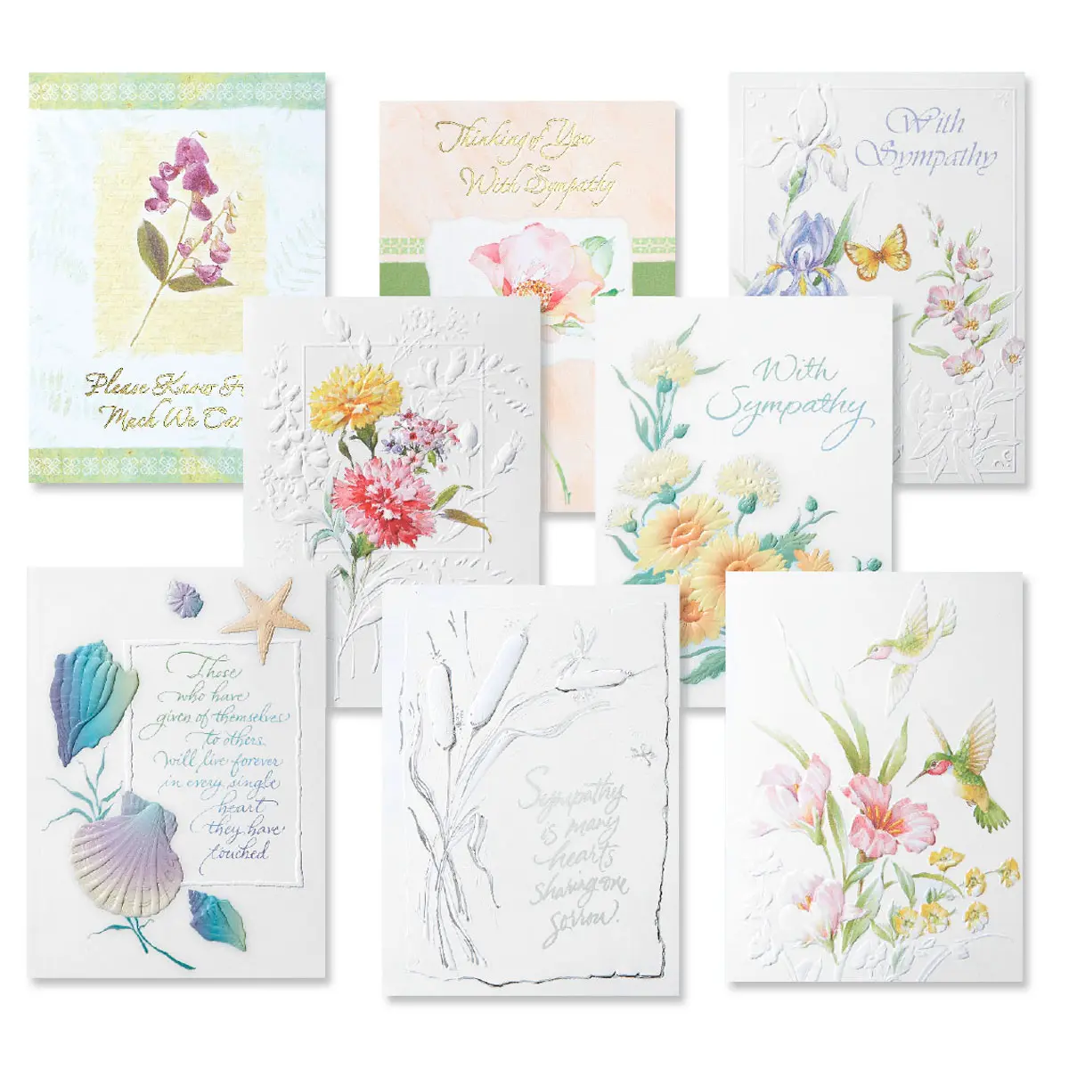 Lillian Vernon Deluxe Foil Sympathy Greeting Cards Value Pack - Set of 16 (8 designs) Large 5 x 7, Foil & Embossed Accents, Sentiments Inside, Thinking of You in Sympathy Cards, Envelopes Included