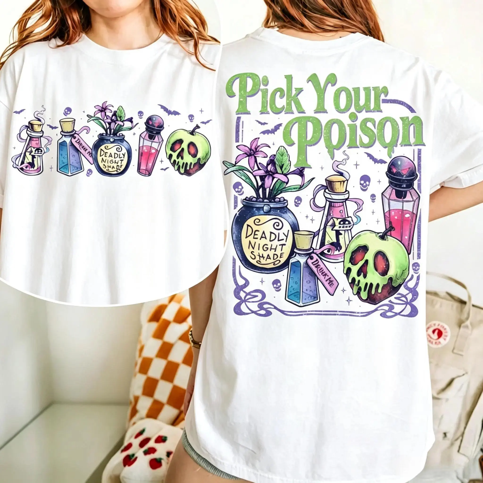 Men's Unisex Cotton Printed Round Neck Short Sleeve T-Shirt - Pick Your Poison Villains Graphic, Halloween Potion, Spooky Season, Vintage Dark Aesthetic, Simple Casual Streetwear Clothes, Everyday Wear Gift, Flat