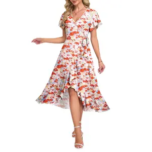 AUSELILY Women Summer Midi Dresses Wrap Short Flutter Sleeve V Neck Boho Slit Flowy Ruffle Dress Wedding Guest Dresses