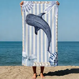 Gracefully swimming whale shark, framed by pearls and shells, nautical watercolor art style. Sand-Free Beach Towel | Ultra-Light Microfiber | Quick-Dry, Compact for Travel