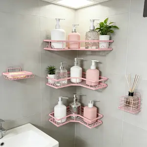 5-Pack Pink Modern Bathroom Accessories Set, Stainless Steel Rust-Proof Waterproof Shower Caddy with Toothbrush & Soap Holder, No-Drilling Stick-On Installation, Large Capacity Minimalist Hollow Round Design,summervibes
