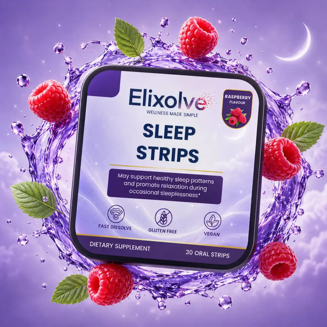 Elixolve Sleep Aid Oral Strips - Raspberry Flavor, Melatonin, Vegan Halal, Strip Format, 30 Pieces
