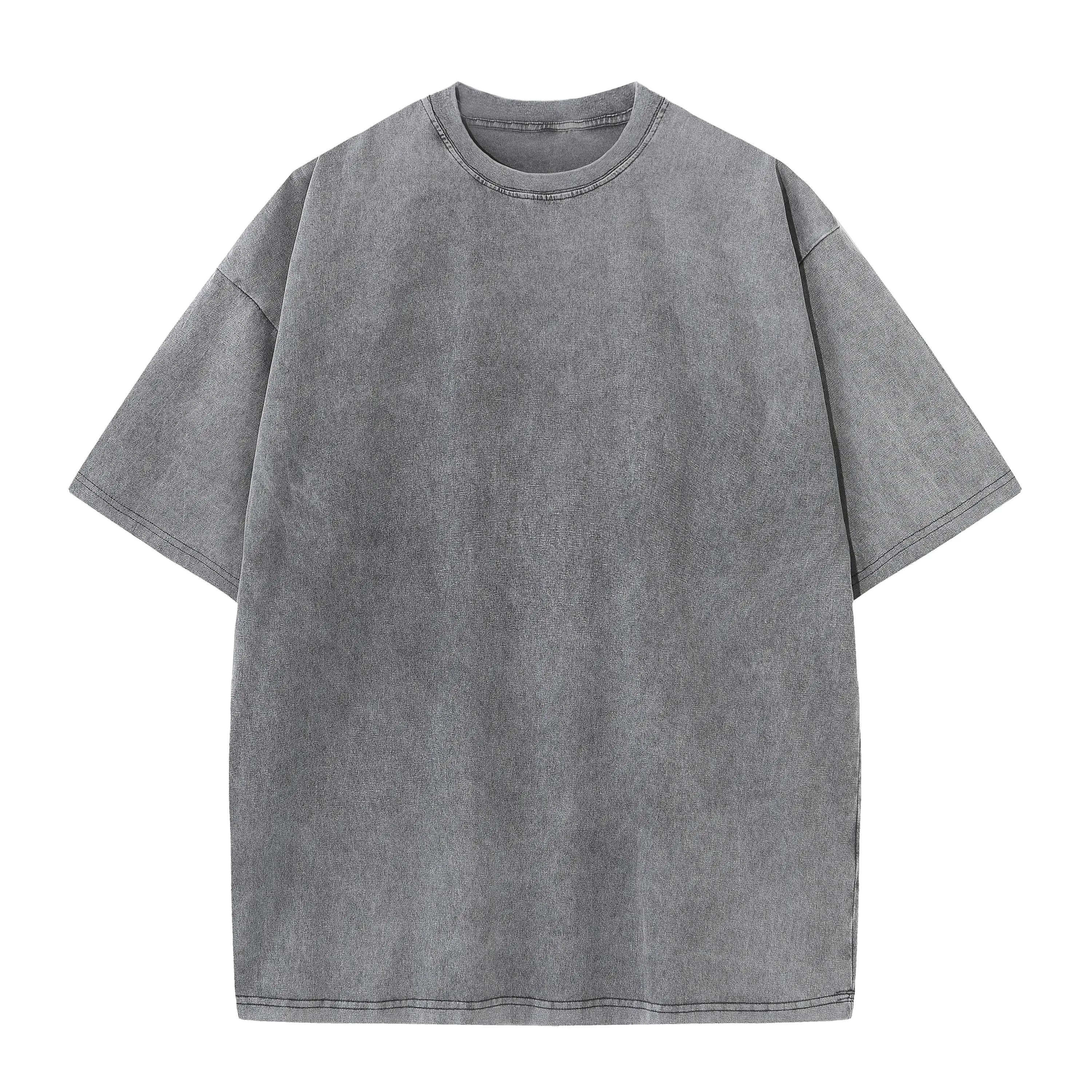Men's Loose Fit Streetwear Tee, Vintage Washed Heavyweight Cotton Round Neck Top with Double-Stitching